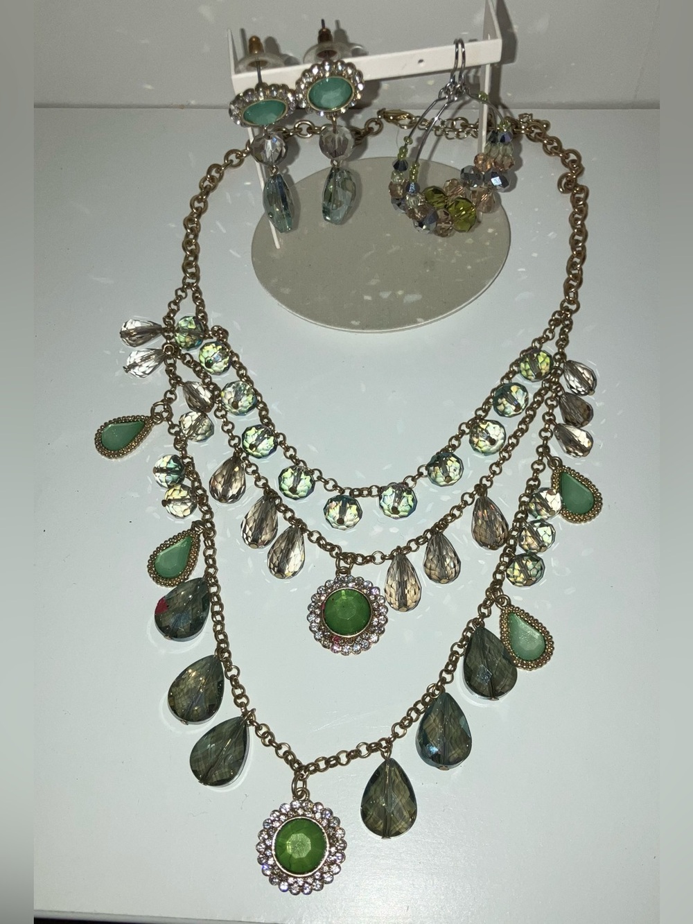 Iridescent Green Crystal Layered Necklace & 2 Earring Sets Costume Jewelry